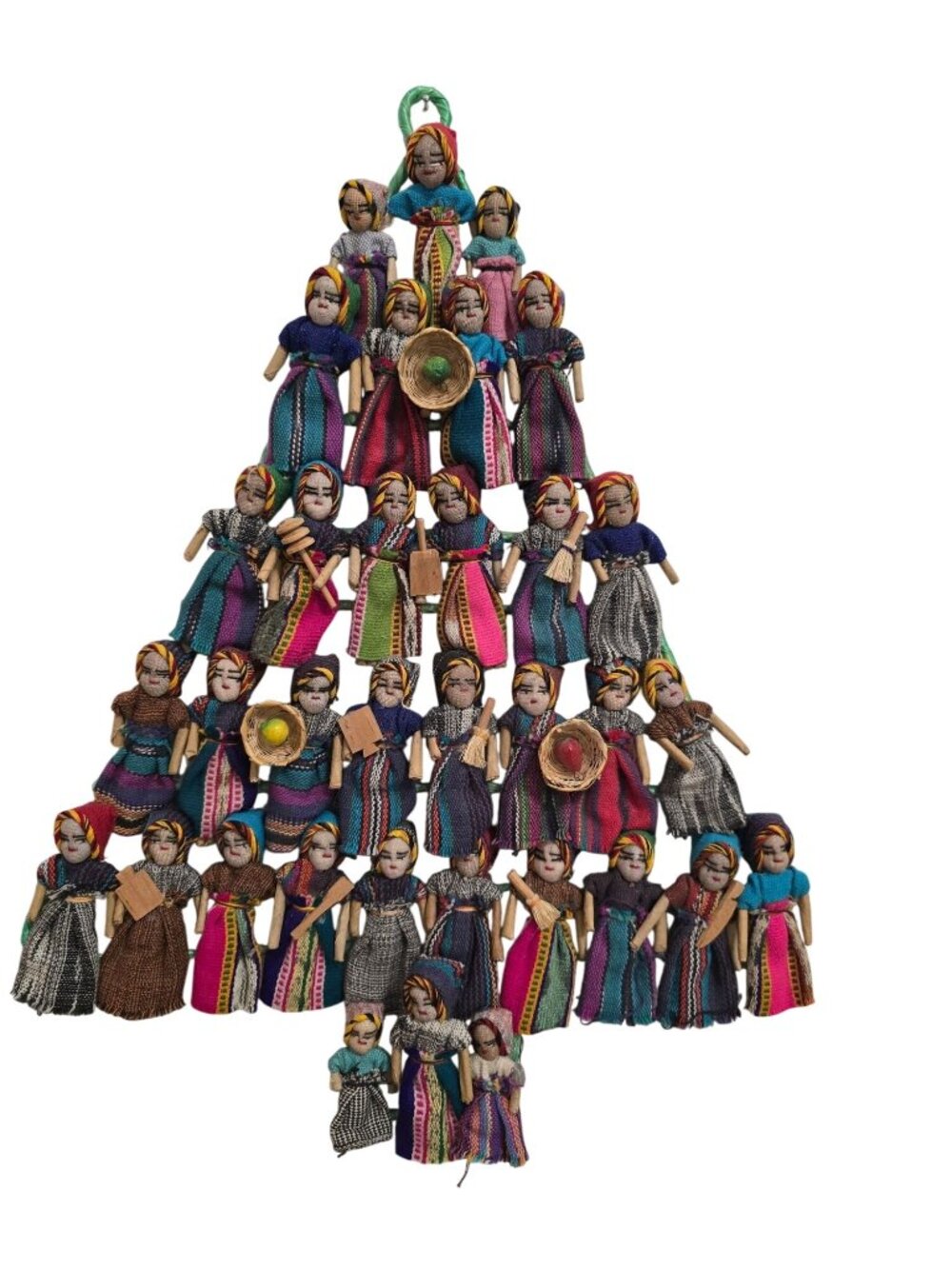 Vintage Guatemala Worry Dolls Tree Wreath Handmade Folk Art Colorful